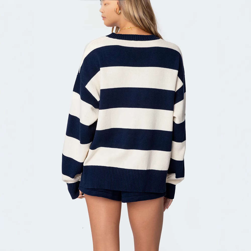 2025 new European and American knitted women's loose round neck pullover, long sleeved striped sweater jacket for women