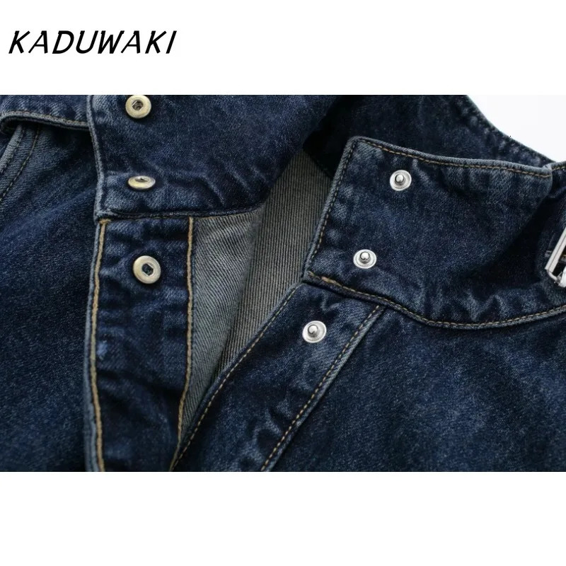 KADUWAK Fashion Retro Collar Long Sleeve Cowboy Trench Coat Trend Splicing Belt Matching 241211