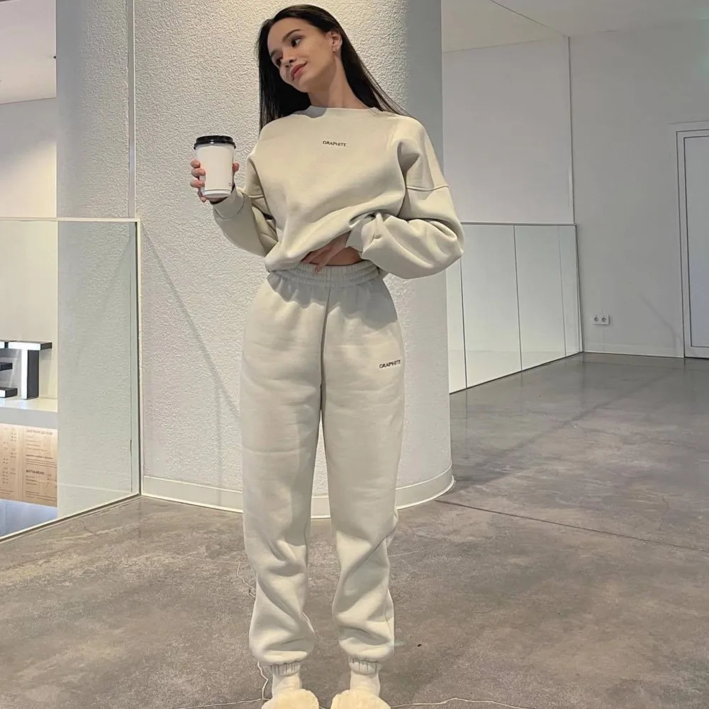 Autumn And Winter Casual Sports Suit Fashion Solid Color Simple Warm Pants Hoodie Female 2 Piece Set 2024 241203
