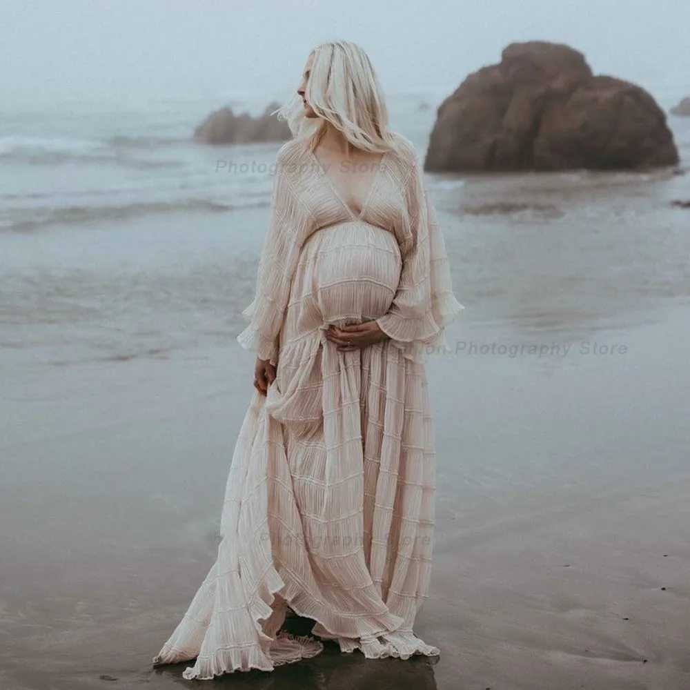 Boho Materni Dresses For Photo Shoot Sexy V-neck Pleated Chiffon Long Sleeve Ruffle Pregnancy Dress Womens Photography GownsXJ241213