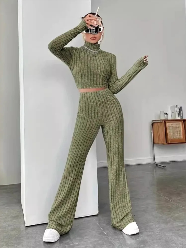 2024 Spring Womens Fashion Knitted Long Sleeve Waist Set Hoodie High Collar Loose Pants Two Piece 241203