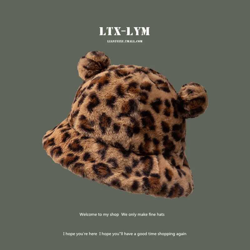 Cute Japanese leopard print ear plush fisherman hat for children with thick hair and warm fisherman hat in winter W241213