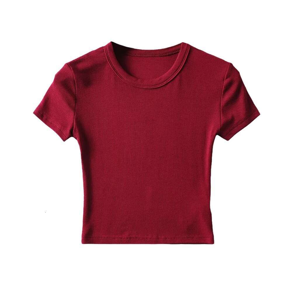 American summer 8-color high waist elastic slim fit wide edge round neck short sleeved T-shirt for women solid color tight fitting crop top trend 2024