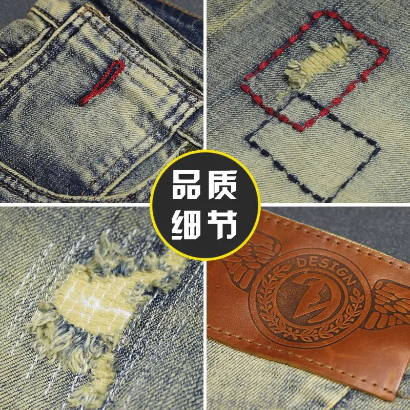 denim mens summer jeans retro Distressed knee length casual fashion shorts 241211