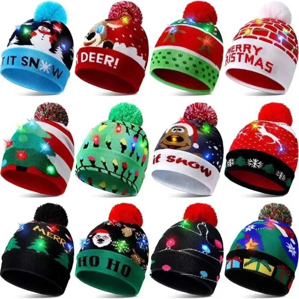 LED Christmas Hat X-mas Flash Light Up Knitted Hat Warm Winter Cap Christmas Gift for Kids/Adults Xmas New Year Feative Hats W241213