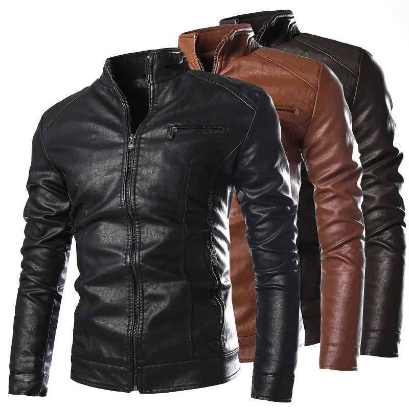 2023 mens washable PU leather thick standing collar motorcycle leather mens large leather clothing W241213