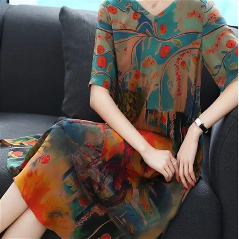 2023 Summer High Quality Silk Screen Dress Medieval Retro Elegant Large Loose Oneck Womens 241212