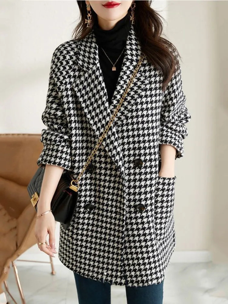 EWQ Check Long Sleeve Double Breasted Doublefaced Woolen Blazer Coat Office Lady Suit Jacket Winter Autumn 16O2707 241209
