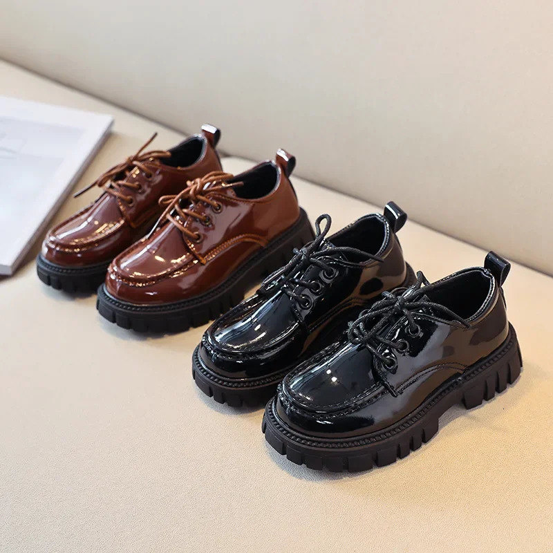 Children Leather Shoes for Boys Girls Thick Sole Lace-up Kids School Leather Shoes for Wedding Party Show British Style Black 241213