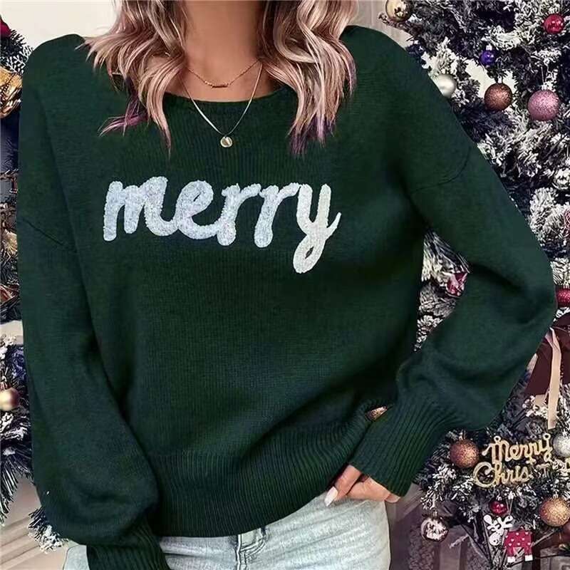 2024 autumn winter new European and American knitted women's Christmas round neck long sleeved pullover sweater women
