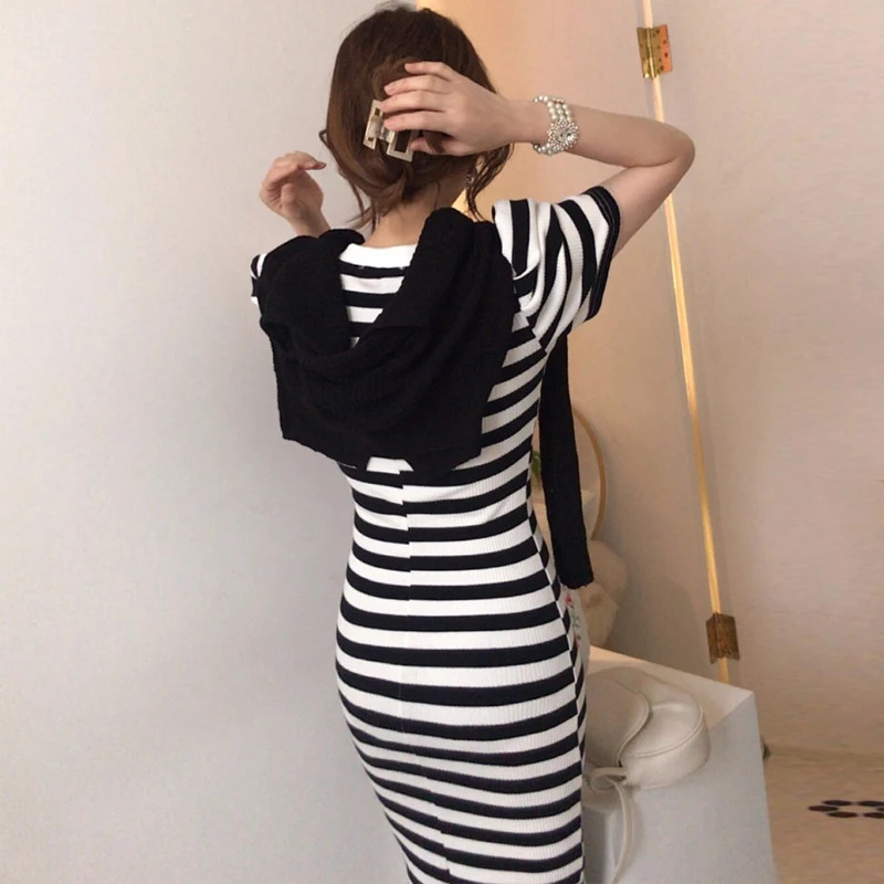 Summer Korean Knitted Striped Long Skirt Womens Short Sleeve Split Dress Fashionable and Elegant Ultra Thin Tank Top 241212