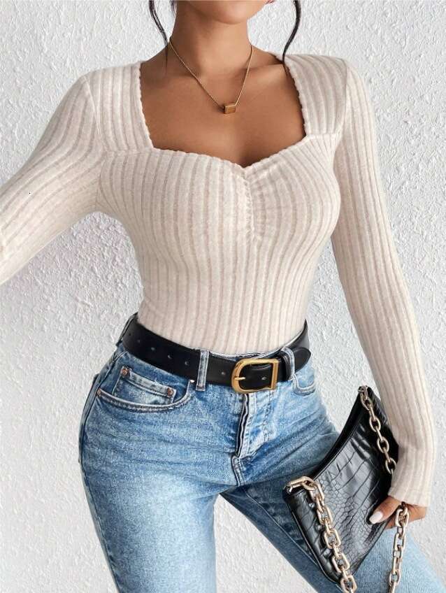 Women's 2023 Autumn/Winter New Front Fold Slim Knitted Base T-shirt