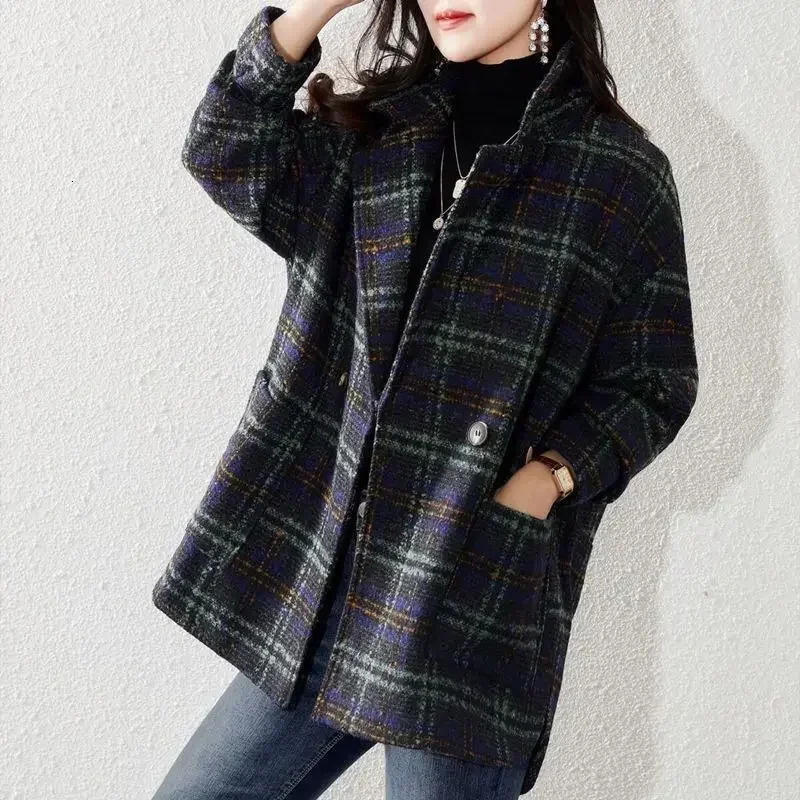 Jacket Tweed Velvet Coats for Women Outerwears Over Wool Blend Plaid Clothes Warm Green Dress Long Check Blazer Woman American 241209