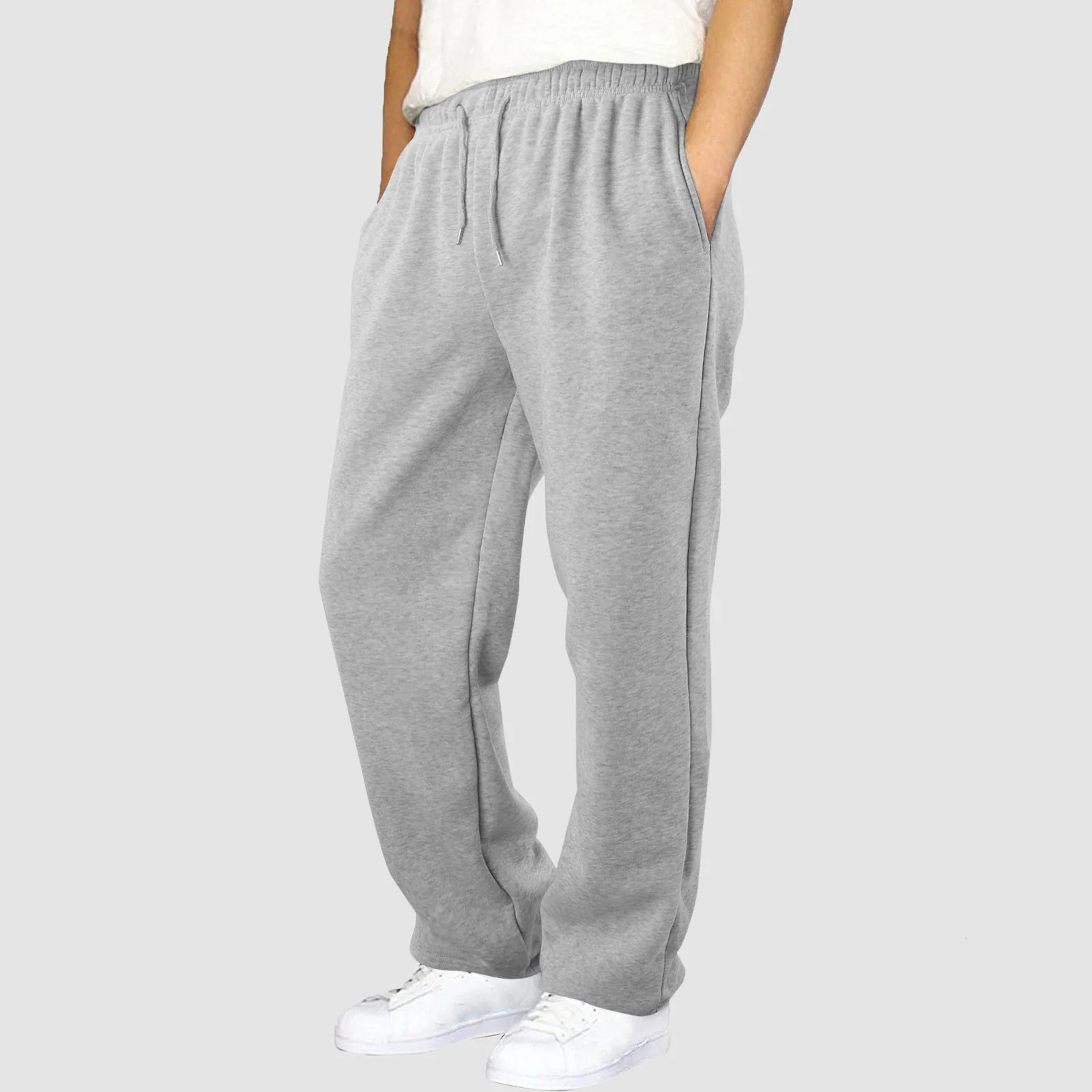 Mens Fleece Lined Sweatpants Wide Straight Leg Pants Bottom Joggers Loose Fit High Waisted Yoga Pant 241214