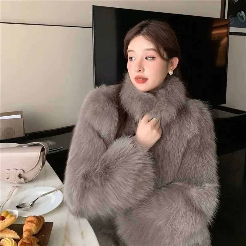 2024 New Imitation Hair Environmental Protection Fur Autumn/Winter Stand Collar Short Fur Coat Womens Thick Warm Jacket Brown X241214