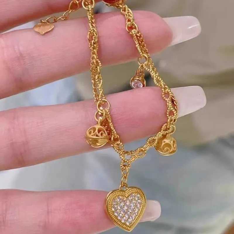 ANENJERY Gold Color Heart Zircon Pendants Bracelet Double Layer Chain Charm Valentines Day Jewelry Gifts For Women rsXJ241214