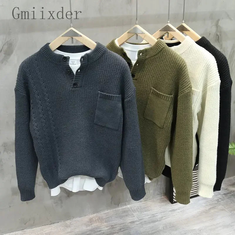 American Retro Henley Collar Pullover Sweater Korean Elegant Mens Trendy Oversized Pocket Versatile Casual Aesthetic 241213