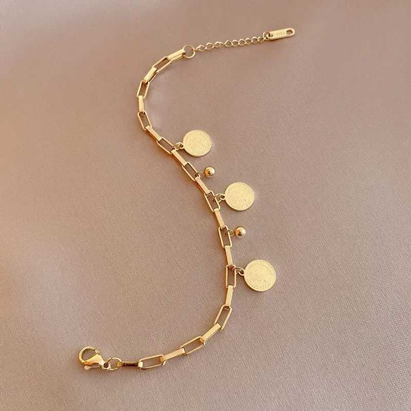 Fashion Gold-color Bracelet Ladies Simple Hip Hop Style Stainl Steel Round Sign Pendant Wide Cross Chain Jewelry AccoriesXJ241214