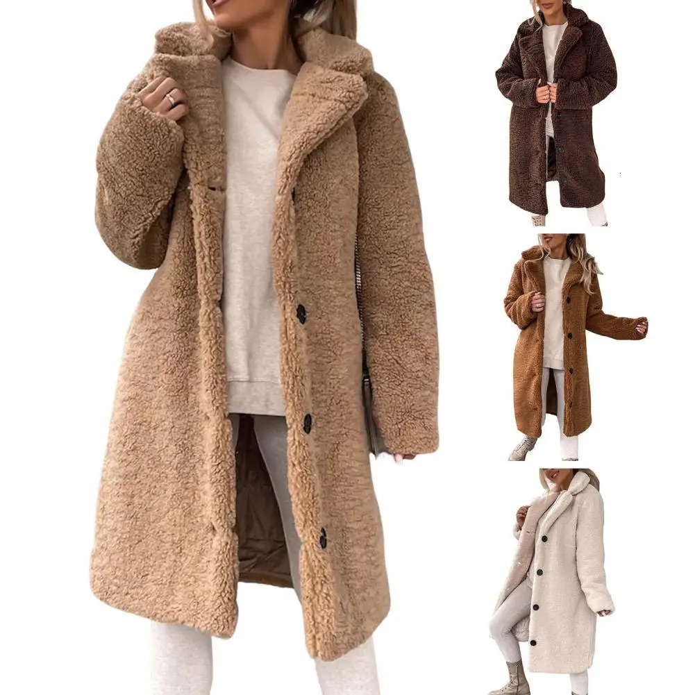 Womens trench coat plush thick womens single breasted teddy jacket long autumn and winter streetwear 241212