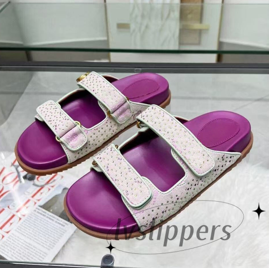 Designer Women slippers luxury denim canvas slippers summer classic beach slippers metal comfort belt open toe slippers mule sandals flip flops