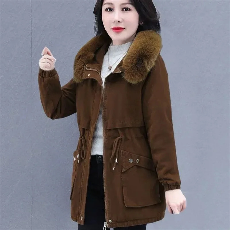 Womens detachable fur collar cotton lined coat 2024 womens large size 5XL Parkas medium long style inflatable jacket 241212