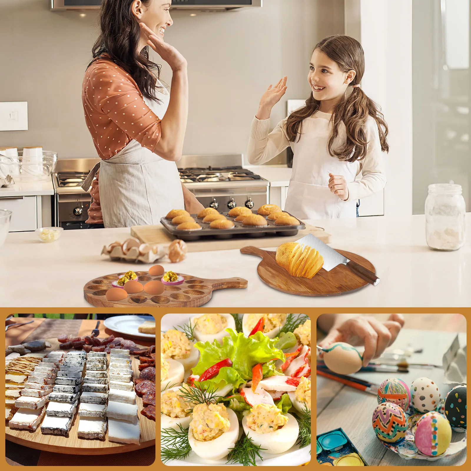 Wood Egg Holder Storage Plate Egg Tray 24 Hold Deviled Egg Platter Holder Round Charcuterie Board Cutting Boards Kitchen Tools 241214bj