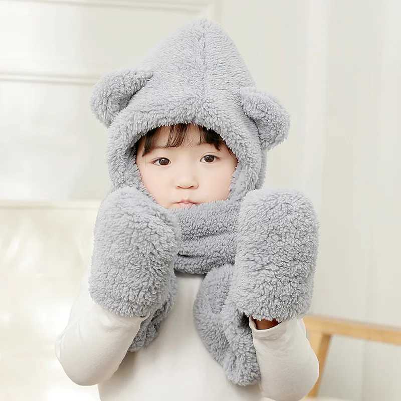 Cute Bear Baby Plush Hat Scarf Gloves Winter Thick Warm One-Piece Beanie Cap for Boy Girl Kids Hood Headgear Bonnet W241213