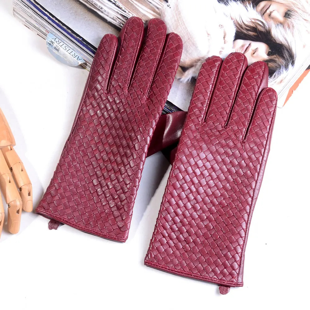 Womens 100% Real Leather Winter Warm Elegant Woven Lambskin Goatskin Classical Driving Riding Touch Screen Short Gloves 241213