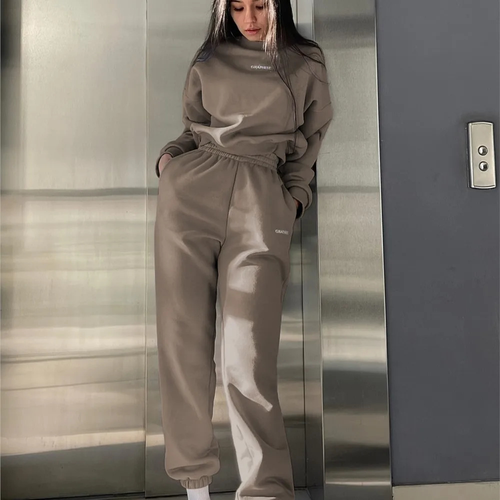 Autumn And Winter Casual Sports Suit Fashion Solid Color Simple Warm Pants Hoodie Female 2 Piece Set 2024 241203