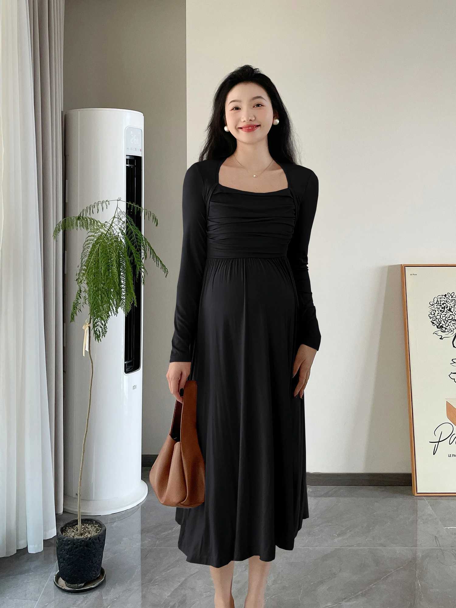 2025 Spring Materni Dresses Long Sleeve Square Collar High Waist Pregnant Woman Modal Dress Faux Two Pieces Pregnancy ClothesXJ241213
