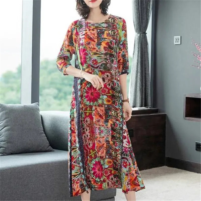 2023 Summer High Quality Silk Screen Dress Medieval Retro Elegant Large Loose Oneck Womens 241212
