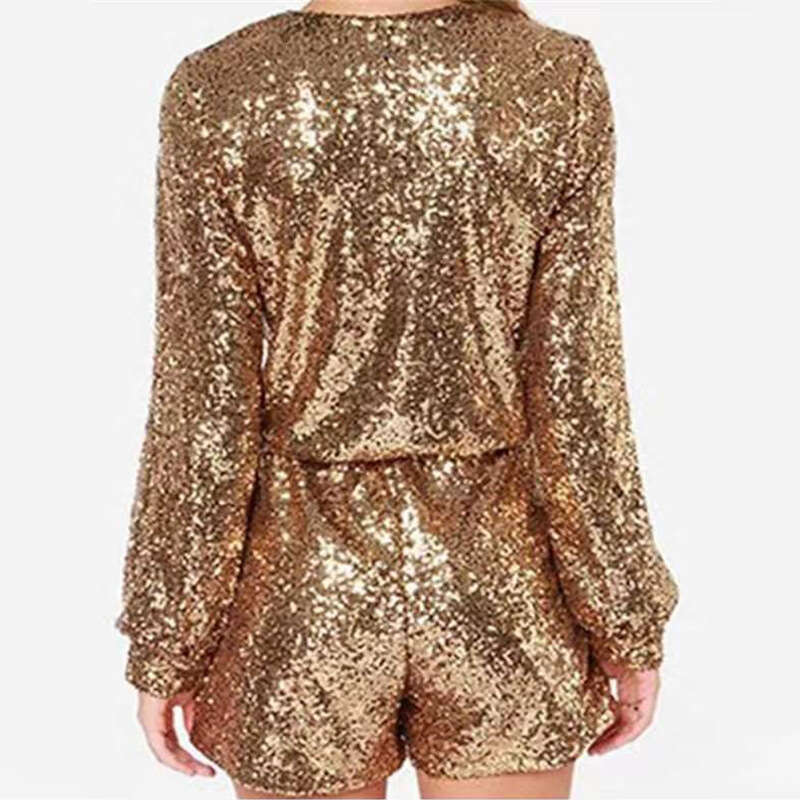 New European American Women's Deep V-Waist Long Sleeved Hip Hing Sexy And Fashionable Foreign Trade Sequin Jumpsuit