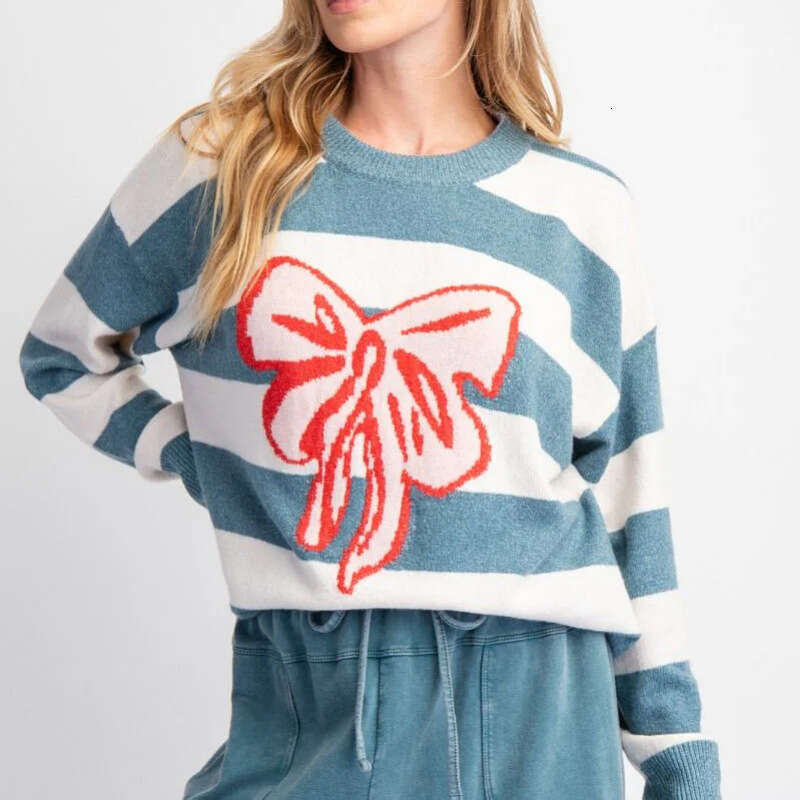 2024 European and American Jacquard Knitted Round Neck Intercolor Hoodie Long Sleeve Bow Sweater Women's