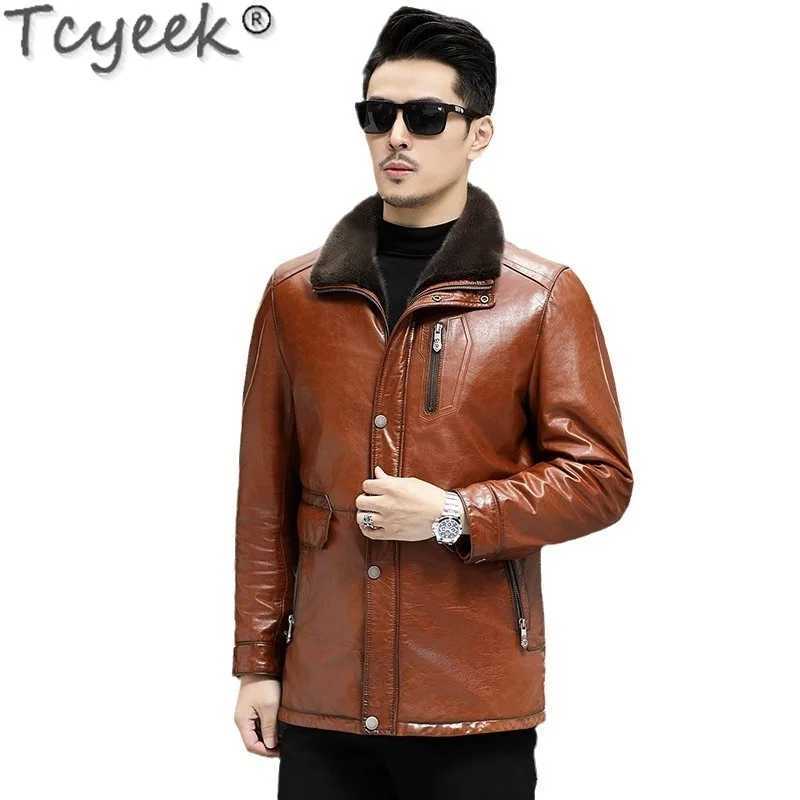 Tcyeek oil wax denim genuine leather mens jacket real mink coat medium long real fur coat mens winter clothing W241213