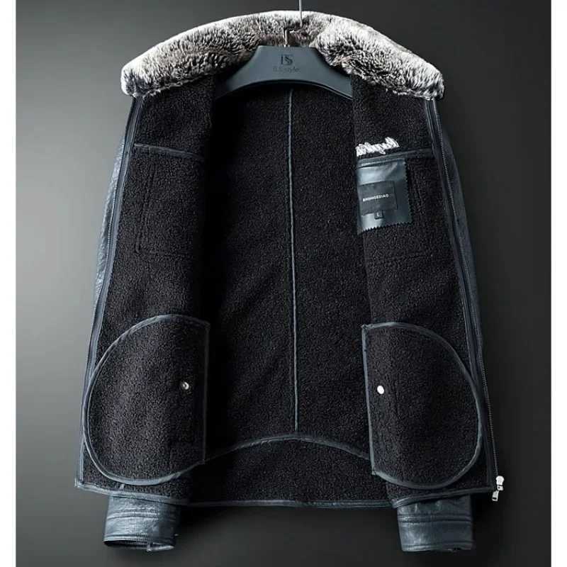 2023 New Leather Coat Mens Fur Integrated PU Leather Jacket Motorcycle Mens Winter Thickened Leather Coat W241213