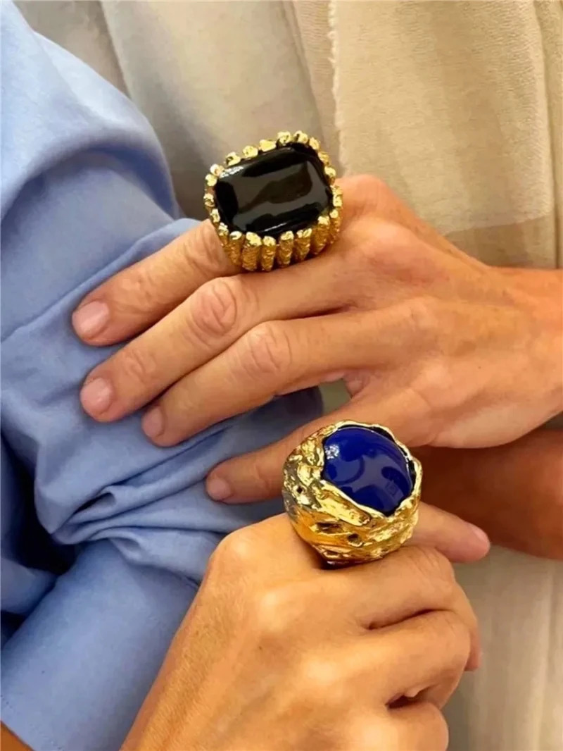 Retro Agate Natural Stone Crystal Ring Gold Color Metal Open for Women Brass Jewelry Light European And American 241214