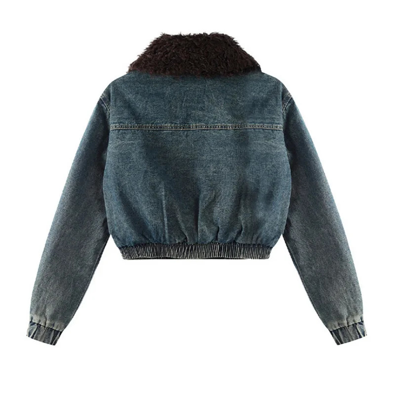 IEQJ Spliced Fur Collar Long Sleeve Cow Jacket Womens Zipper Collar Retro Street Pocket Jacket Womens Jacket 3DM0010 241210
