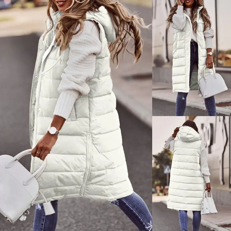 Womens loose single chest cardigan Parkas winter vest jacket womens casual sleeveless hooded solid color long 241212