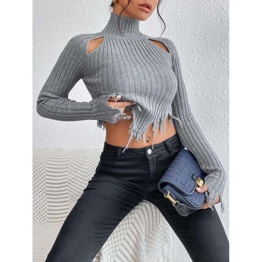 European and American women's high necked long sleeved distressed sexy hollow out short style with exposed navel design knitted sweater
