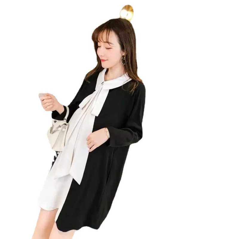 2024 spring pregnant women dress long sleeve turn-down collar patchwork materni a-line dresses loose woman clothes pregnancyXJ241213