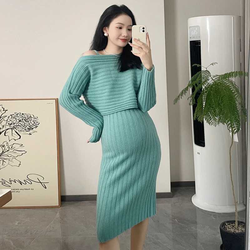 8040# Autumn Winter Knitted Materni Sweaters Dress Thick Warm Cover Sling Dress Sets Clothes for Pregnant Women Hot PregnancyXJ241213
