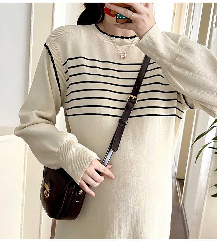 Autumn Loose Pregnant Women Knitted Striped Dress Fashion Materni Straight Dress Knee-length Long Sleeve Pregnancy Midi DressXJ241213