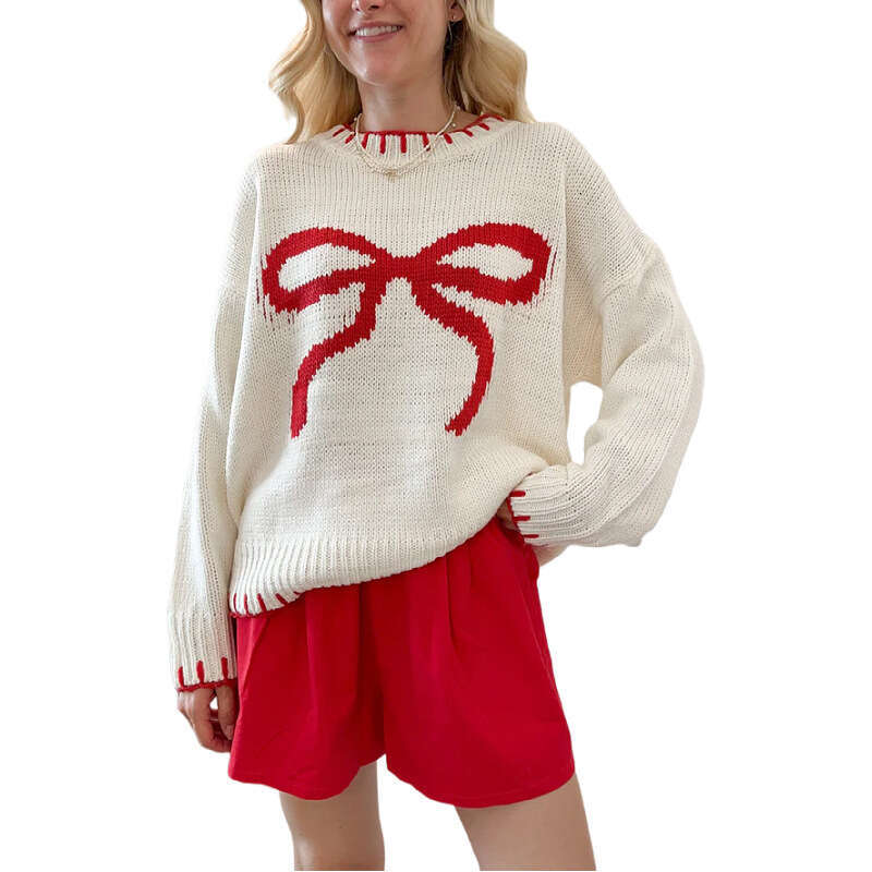 2024 European and American new lazy style pullover knitted top with butterfly knot jacquard loose outer sweater for women