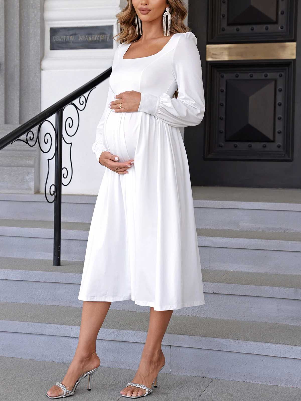 ItsRoya Simple Solid White Casual Materni Dress Long Sleeves With Pearl Women Photography Props Dress Ruched Pregnant ClothingXJ241213