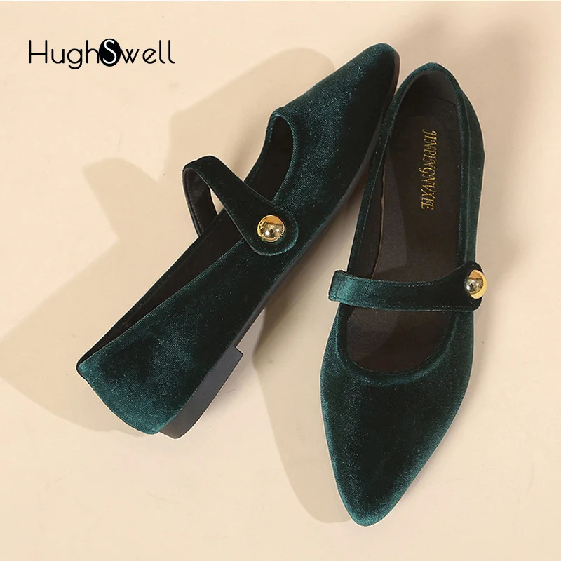 Elegant Velvet Ballet Flats Woman Velour Mary Jane Shoes Ladies Pointed Toe Buckle Strap Loafers In Purple Green 241213