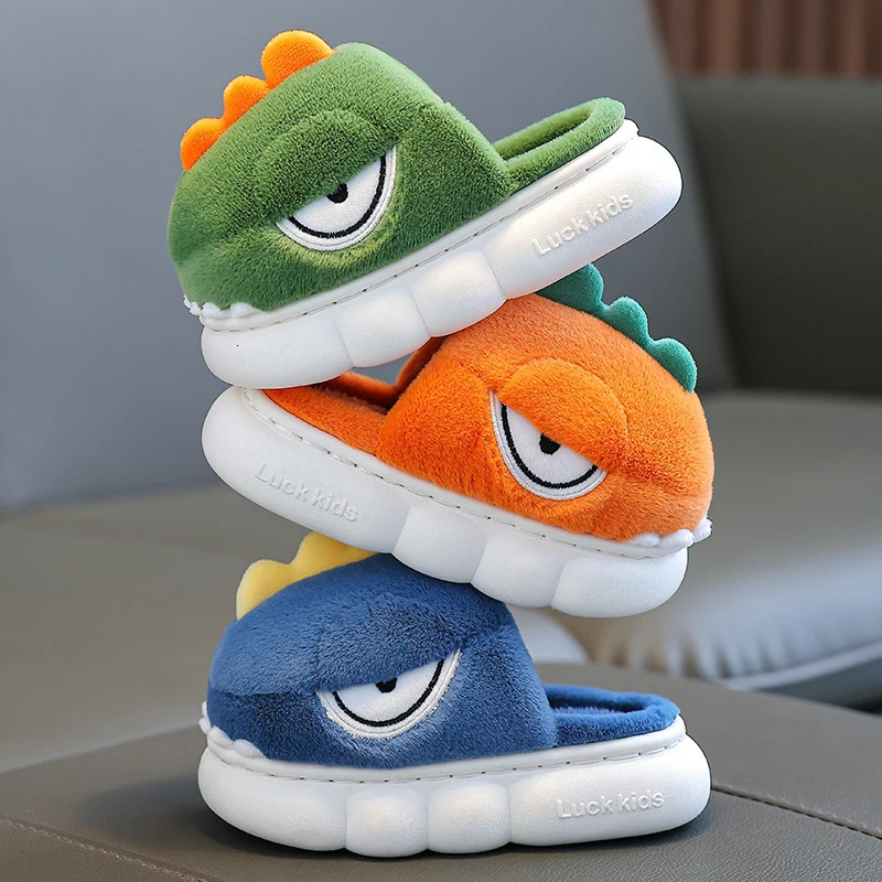 Winter Warm Plush Slippers Childrens Funny Cartoon Dinosaur Non-slip Soft Sole Kids Baby Boys Girls Indoor Home Cotton Shoes 241213