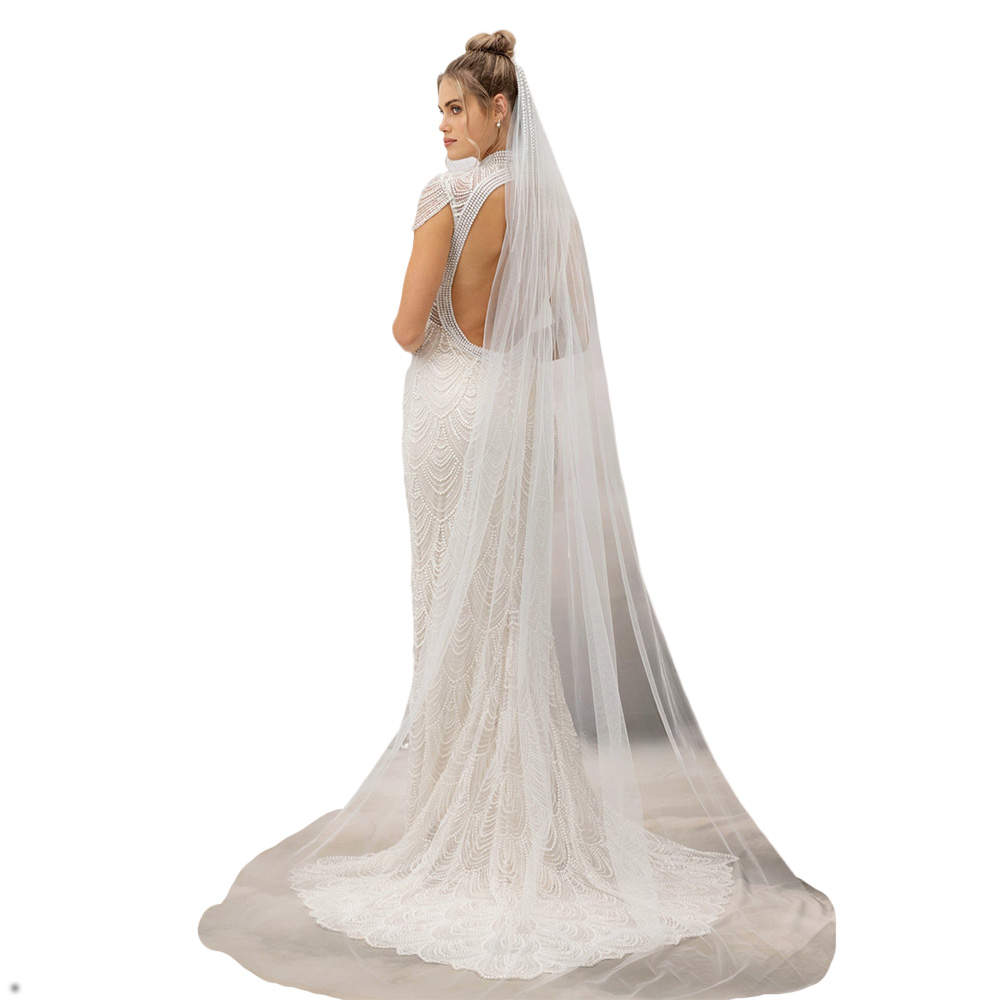 New Fashio Bridal Veils Long Wedding Veil With Pearls Waltz Length Cathedral Bride Comb Beaded For White Ivory Accessories Lace Appliques