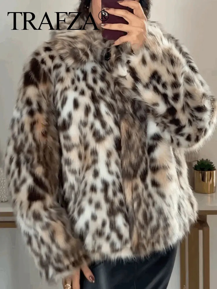 TRAFZA Female Winter Vintage Leopard Printed Fur Coat Long Sleeves Lapel Loose Warm Retro Jacket Causal Street Coats 241213