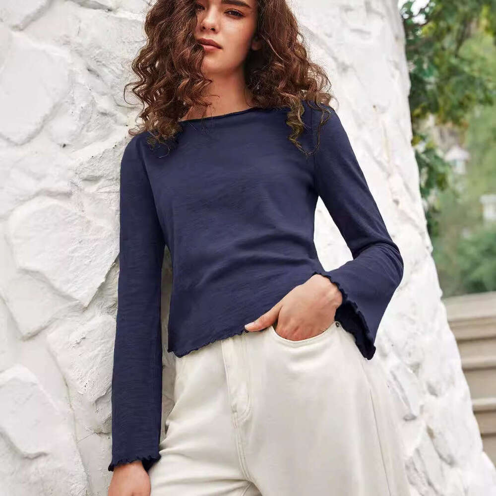 2024 early autumn top with European and American style round neck, black fungus edge flared sleeves, long sleeved knitted base shirt