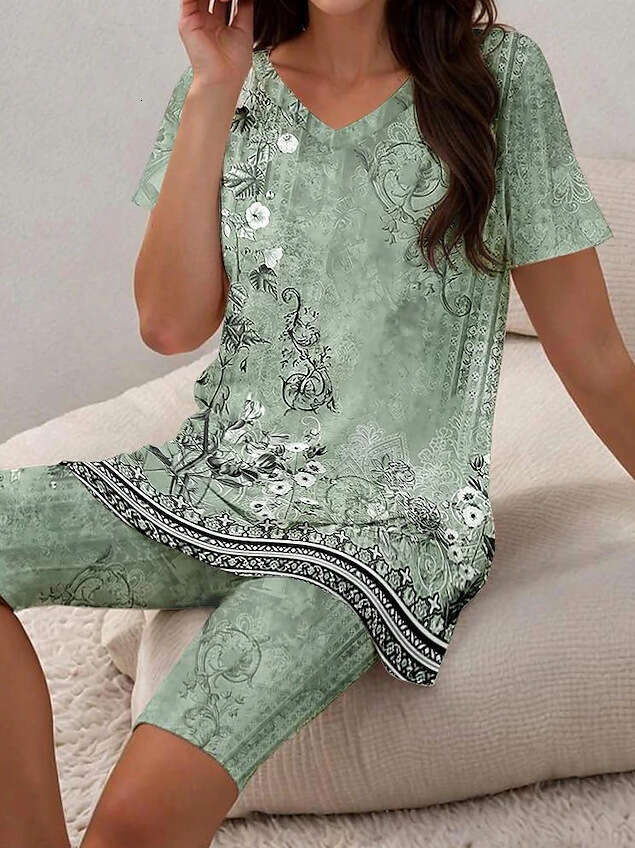 Summer Women's T-shirt and Shorts wer 3D Printed V-neck Two Piece Set 2024 New Casual Versatile Fashion Clothing